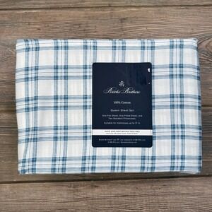 Brooks Brothers Queen Sheet Set Blue White Plaid 100% Cotton 4pc‎ New